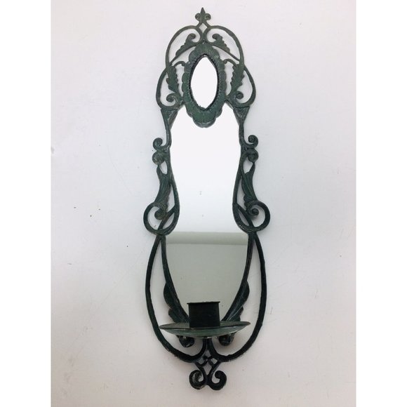 Antique Other - Antique Bronze Rococo Wall Hanging Mirrored Tapered Candle Holder Sconce